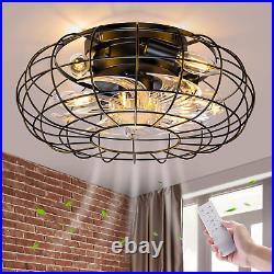 16 Inch Caged Ceiling Fan Lights Remote Control Industrial Fixture Flush Mount