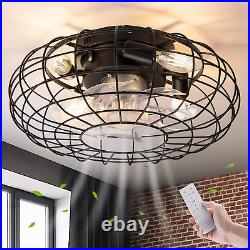 16'' Low Profile Small Flush Mount Farmhouse Industrial Caged Ceiling Fan with L