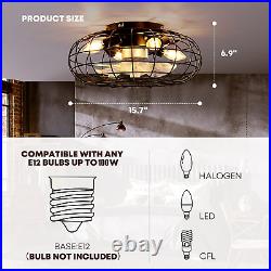 16'' Low Profile Small Flush Mount Farmhouse Industrial Caged Ceiling Fan with L