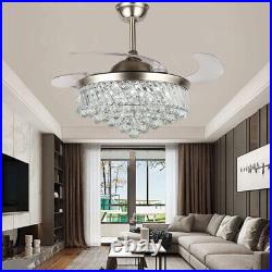 42 Modern Silver Crystal Chandelier Retractable Ceiling Fans with LED Light Kit