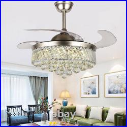 42 Modern Silver Crystal Chandelier Retractable Ceiling Fans with LED Light Kit