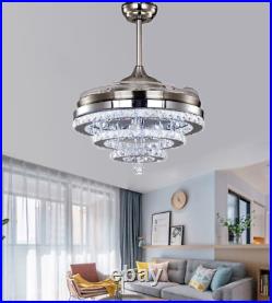 42 Retractable Crystal Ceiling Fan Light Silver Chandelier with LED kit Remote
