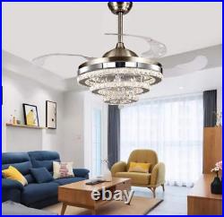42 Retractable Crystal Ceiling Fan Light Silver Chandelier with LED kit Remote