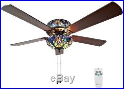 52 in. Ceiling Fan with Tiffany Style Stained Glass Light Kit + Remote Control