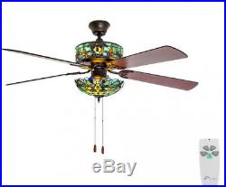 52 in. Indoor Teal Ceiling Fan with Light Kit Stained Glass River of Goods
