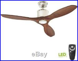 Ceiling Fan With Light Kit Brushed Nickel 52in 3 Wood Blades LED Remote Control