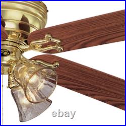 Ceiling Fan w Light Kit Glass Shade 5 Reversible Blades Polished Brass 52 in