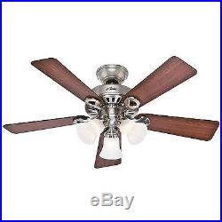 Hunter 44 Brushed Nickel Ceiling Fan with Light Kit & Optional Remote Control