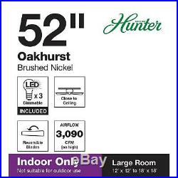 Hunter Classic Ceiling Fan 52 Hugger Flush Mount Low Profile 3 LED Lights Kit