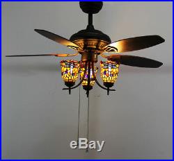 Makenier Vintage Tiffany Stained Glass Dragonfly Uplight Ceiling Fan Light Kit