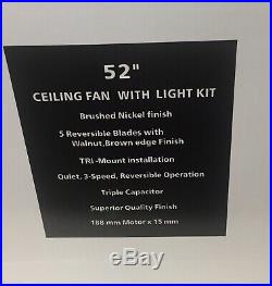 Modern 52 Brushed Nickel / Walnut Ceiling Fan with Remote Control & Light Kit
