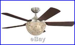 New 52 inch Brushed Nickel Ceiling Fan 5-Blades Crystal Light Kit Remote Control